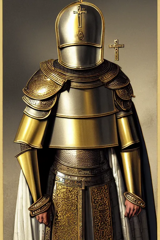 Image similar to man looking forward in iron decorated with gold baroque style christian crusader plate armor, cylindrical crusader great helm covering all his head decorated with golden cross on front it's front and white cape covering most of his body standing at the gates of jerusalem drawn by greg rutkowski realistic high detail