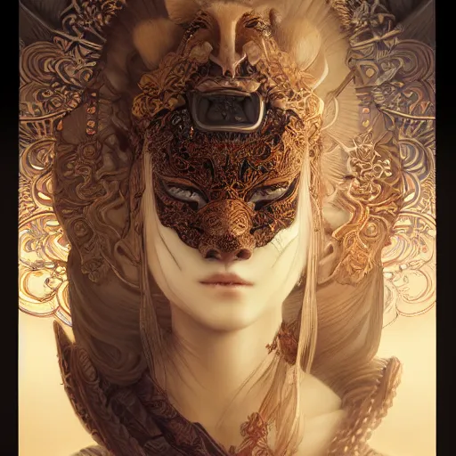 Image similar to a photorealistic dramatic fantasy render of a beautiful woman wearing a beautiful intricately detailed japanese monkey kitsune mask and clasical japanese kimono by wlop, artgerm, greg rutkowski, alphonse mucha, beautiful dynamic dramatic dark moody lighting, shadows, cinematic atmosphere, artstation, concept design art, octane render, 8 k