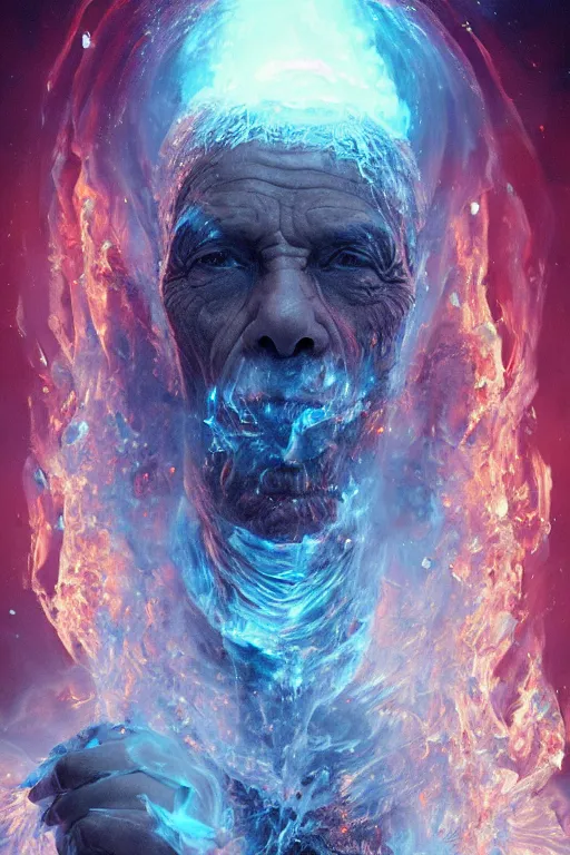 Prompt: the look of an elderly person, necromancer, witch - doctor covered with ice exploding into fire, full of wrinkles and imperfections by artgem and greg rutkowski, highly detailed, high contrast, light reflection, trippy, nebula, trending on artstation