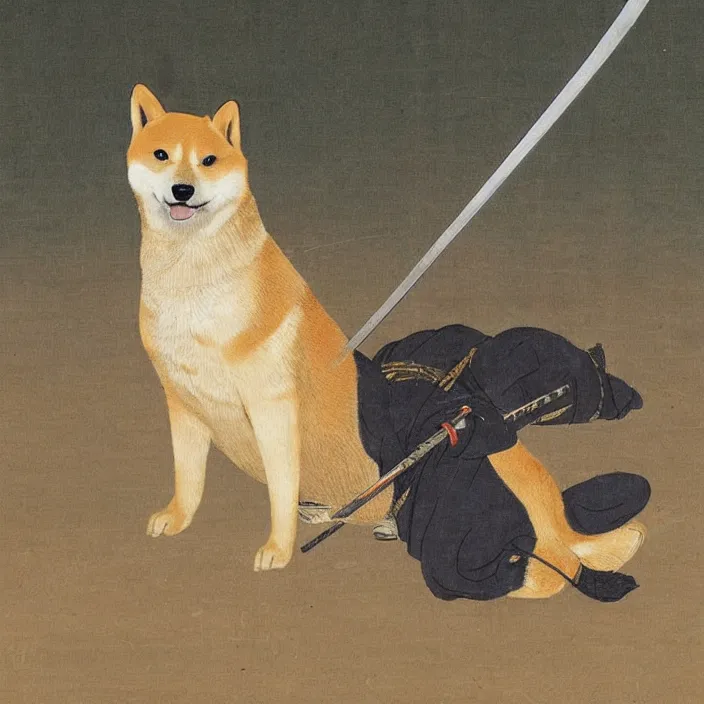 Image similar to a shiba-inu-samurai general waking up from a nap on the battlefield, his trusty katana at his side, artwork on loan from the historical dog society of japan