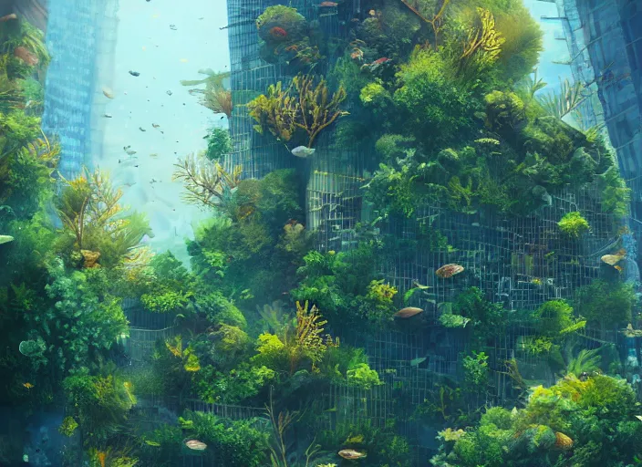 Image similar to overgrown foliage overtaking tall buildings, underwater environment, storefronts, coral, scenery, professional, award - winning, trending on artstation, detailed, realistic, beautiful, emotional, shiny, golden, picture