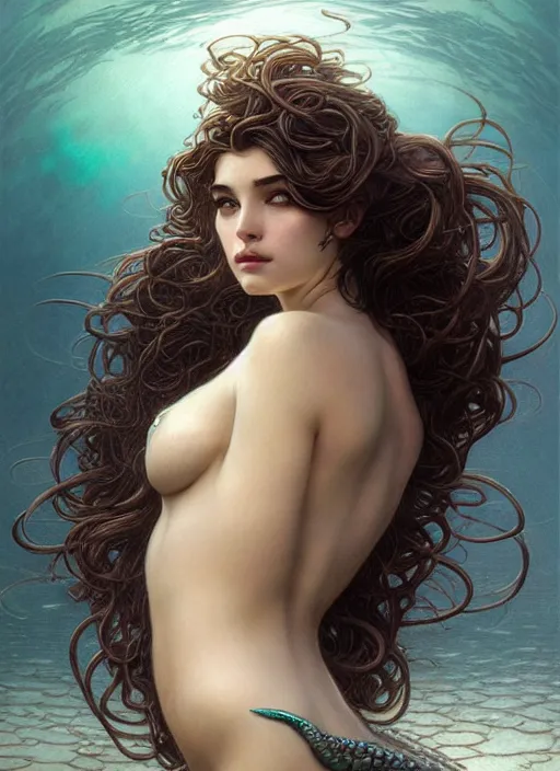 Image similar to goddess of the sea!! portrait of a seductive mermaid in underwater murky light, wind blown hair! fantasy esoteric, closeup, d & d, fantasy, intricate, elegant, highly detailed, digital painting, artstation, concept art, matte, sharp focus, illustration, art by artgerm and tom bagshaw and greg rutkowski and alphonse mucha