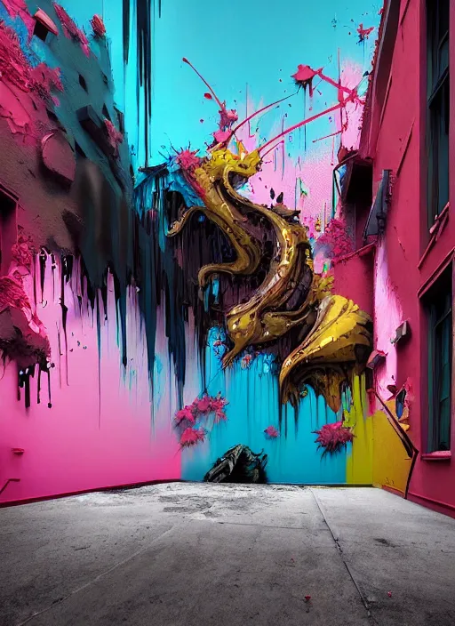 Image similar to matte painting extreme offset 3 d calligraphy graffiti mural dripping paint wall extreme maximalism by artur bordalo, by atey ghailan, by greg rutkowski, by greg tocchini, by james gilliard, by joe fenton, pink, brown, black and light blue color scheme, octane render