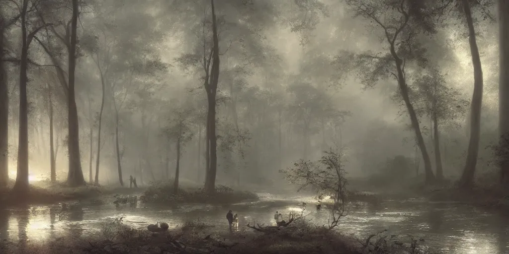 Image similar to [ a dark scene of a dense forest at dawn with a gentle stream through it, sunlight through trees, volumetric light and mist, fog, a dead fallen tree lays in the water, a sense of mystery ], andreas achenbach, artgerm, mikko lagerstedt, zack snyder, tokujin yoshioka