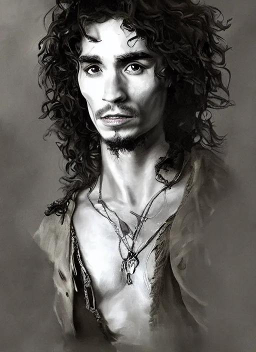 Image similar to a beautiful painting portrait of Robert Sheehan in Pirates of the Carribean 6, matte painting, fantasy art, dark but detailed digital art, highly detailed, a masterpiece trending on artstation. Robert Sheehan as a young but messy pirate and layabout