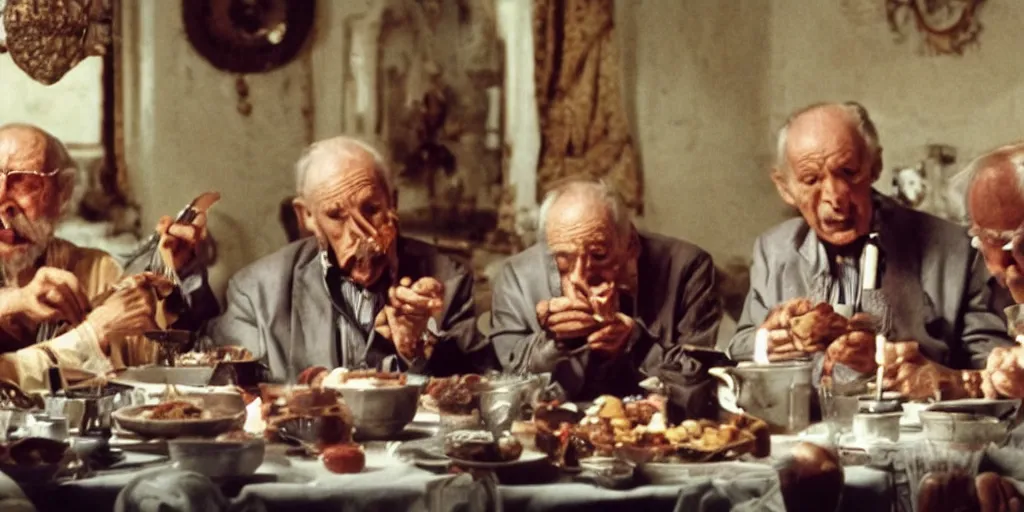Prompt: film still of wrinkly old men sitting at a round dinner table eating money with knife and fork, directed by fellini, vibrant colours