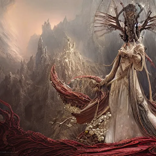 Image similar to a beautiful detailed 3d matte painting of female empress of the dead, by ellen jewett, tomasz alen kopera and Justin Gerard, symmetrical features, ominous, magical realism, texture, intricate, ornate, royally decorated, skull, skeleton, whirling smoke, embers, red adornements, red torn fabric, radiant colors, fantasy, trending on artstation, volumetric lighting, micro details, 3d sculpture, ray tracing, 8k