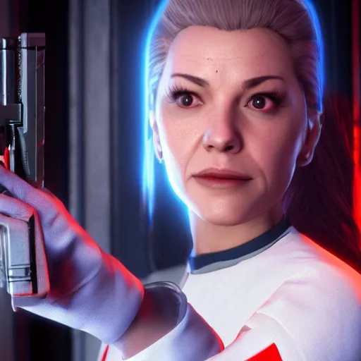 Prompt: nurse chapel from Star Trek: strange new worlds holding a gun after a fight in night city, cyberpunk, 8k ultra realistic, award winning, unreal engine 5, masterpiece