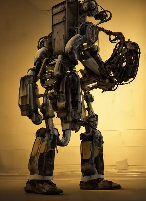 Image similar to a photorealistic dramatic hyperrealistic render of a futuristic exosuit power loader heavy machinery, ultra realistic details, glossy yellow, well worn, rust, oil stains by vitaly bulgarov and mike nash, beautiful dramatic dark moody tones and lighting, cinematic atmosphere, studio lighting, global illumination, shadows, dark background, octane render, 8 k