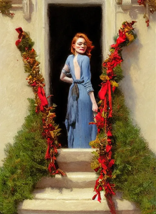Prompt: emma stone opening door, wreath on door, christmas, artwork by gaston bussiere, craig mullins, trending on artstation