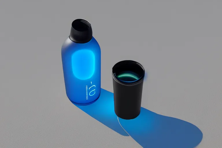 Image similar to futuristic ( water bottle designed by apple ) on a track, natural light, detailed, canon eos c 3 0 0, ƒ 1. 8, octane render, 3 5 mm, 8 k, medium - format print, blue light accents