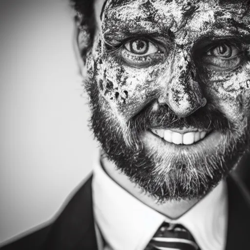 Image similar to a man in a weathered suit with a creepy smile looking straight at the camera ( black and white photo, greatly illustrated, photo realistic, high detailed photo, great quality photo, 4 k )