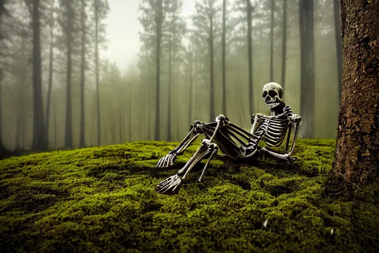 Image similar to a burning with fire human skeleton sitting behind computer, overgrown with moss, in foggy forest, at night with moon light, dark atmosphere, dark fantasy, highly detailed