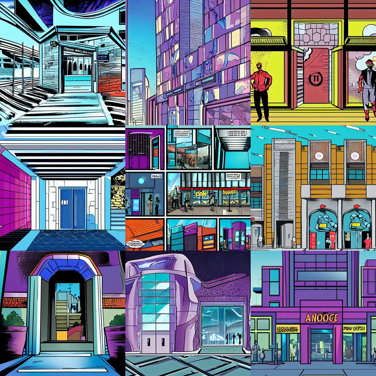 Prompt: a comic book background of the outside entrance of a bright futuristic city building