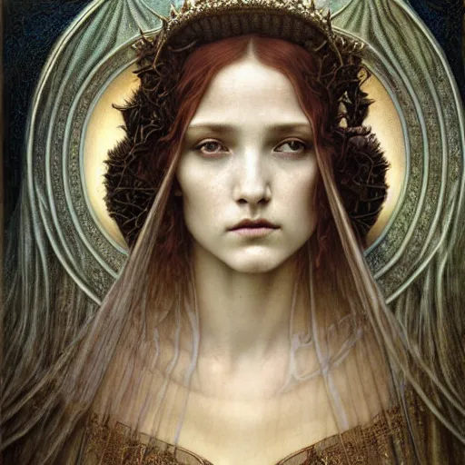 Image similar to detailed realistic beautiful young medieval queen face portrait by jean delville, tom bagshaw, brooke shaden, gustave dore and marco mazzoni, art nouveau, symbolist, visionary, gothic, pre - raphaelite, ornate gilded medieval icon, surreality, ethereal, unearthly, haunting, celestial, neo - gothic