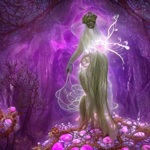 Image similar to glowing delicate flower and mushrooms that grow in a dark fatansy forest on the planet Pandora, an idealistic marble statue with fractal flowery hair in a fractal garden, symmetrical,