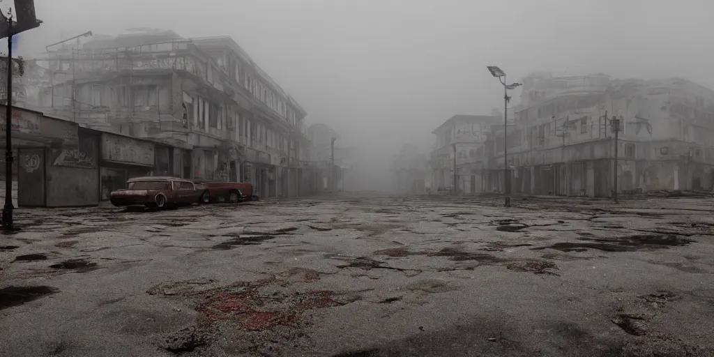 Image similar to wide angle shot of dilapidated silent hill in real life, desolate town, empty streets, nightmarish, some rusted retro futuristic parked cars, overcast, blankets of fog pockets, rain, volumetric lighting, beautiful, daytime, autumn, sharp focus, ultra detailed, cgsociety