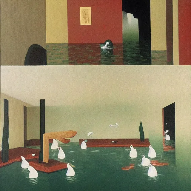 Image similar to painting of flood waters inside an apartment, tall female emo art student, a river flooding through a wall, tangelos, zen, pigs, ikebana, water, river, rapids, waterfall, black swans, canoe, pomegranate, berries dripping, acrylic on canvas, surrealist, by magritte and monet