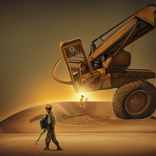 Image similar to in the distance, in the center of a large sand pit, there is a large golden ball in the sand, a broken excavator and a man in military uniform standing nearby, stylization of a book illustration, high - quality, depth of sharpness, focus on the object