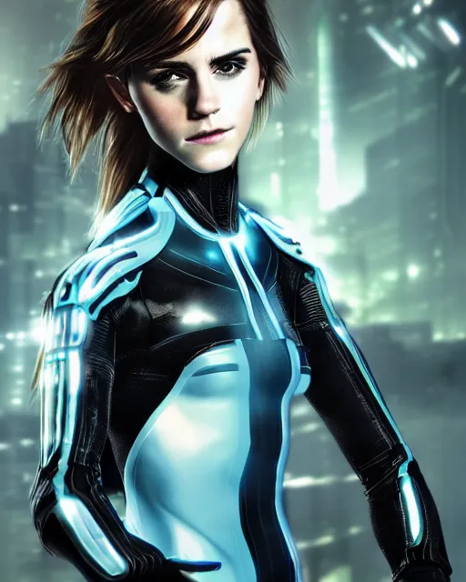 Prompt: closeup shot of emma watson in tron legacy cosplay, epic pose, concept art, by artgerm and luis royo, award winning professional photography, cinematic