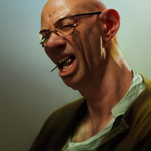 Image similar to portrait of a crazy bald man shitting money, detailed, centered, digital painting, artstation, concept art, donato giancola, Joseph Christian Leyendecker, WLOP, Boris Vallejo, Breathtaking, 8k resolution, extremely detailed, beautiful, establishing shot, artistic, hyperrealistic, octane render