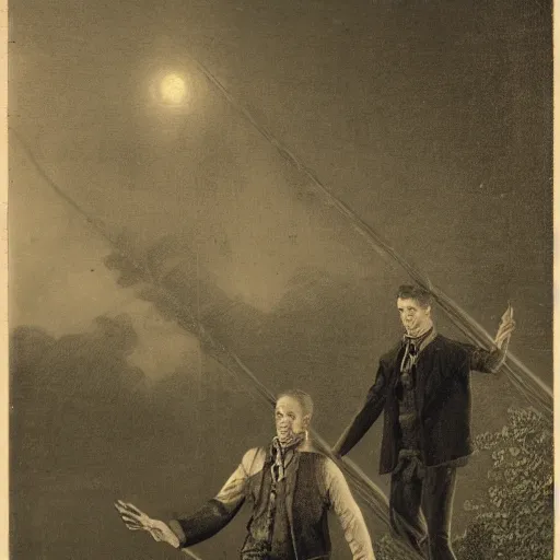 Image similar to two young men, one man human, one man vampire, night, on a birdge, in the style of onc piece