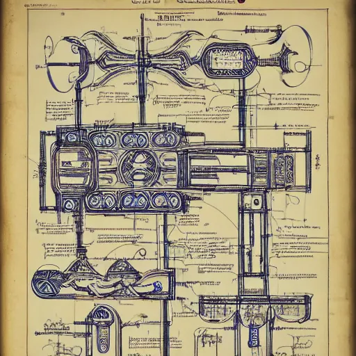 Image similar to schematic blueprint of highly detailed ornate filigreed convoluted ornamented elaborate medical equipment