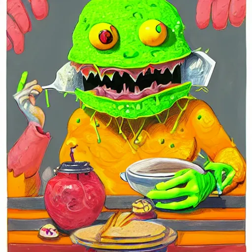 Image similar to a tennis ball monsters eating pancakes, breakfast, digital art, fantasy, magic, chalk, trending on artstation, ultra detailed, professional illustration by basil gogos