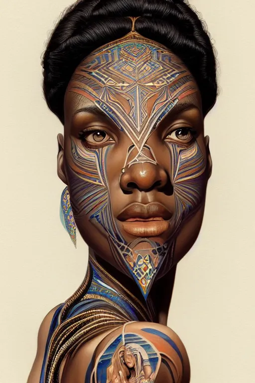 Image similar to symmetrical body portrait of beautiful nubian tribal tattooed young woman, intricate, elegant, highly detailed, digital painting, artstation, concept art, smooth, sharp focus, illustration, art by artgerm and greg rutkowski and alphonse mucha, 8 k