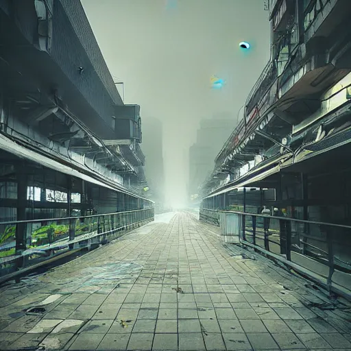 Prompt: raining dark smog wide angle shot dieselpunk dystopia makoto shinkai corrogated steel overhead walkway