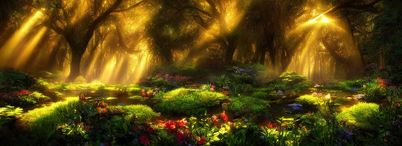 Image similar to photograph of enchanted garden, with rays of light by marc adamus, highly detailed, intricate detail, cinematic lighting