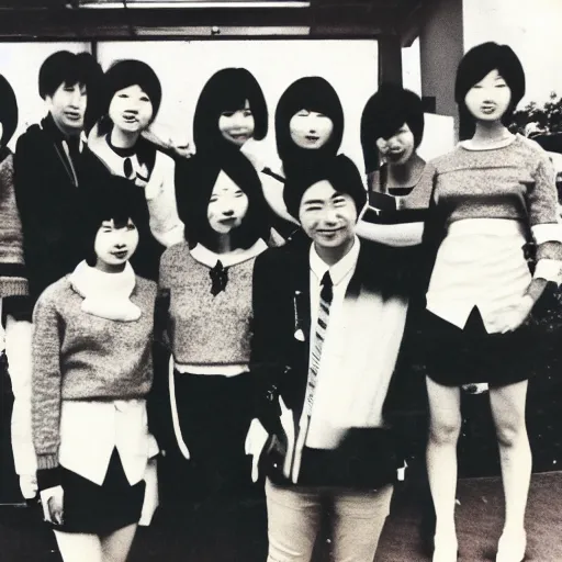 Prompt: Polaroid photograph of stylish Japanese college students, taken in 1966