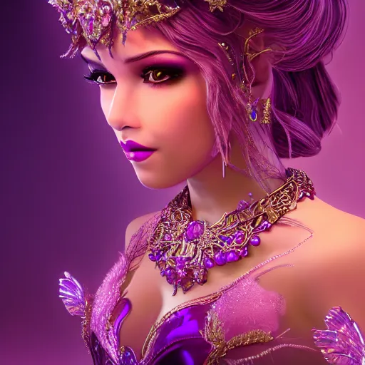 Image similar to portrait princess of amethyst, glowing, ornate and intricate purple jewelry, jaw dropping beauty, glowing background lighting, purple accent lighting, hyper detailed, fairy tale, 4 k octane render