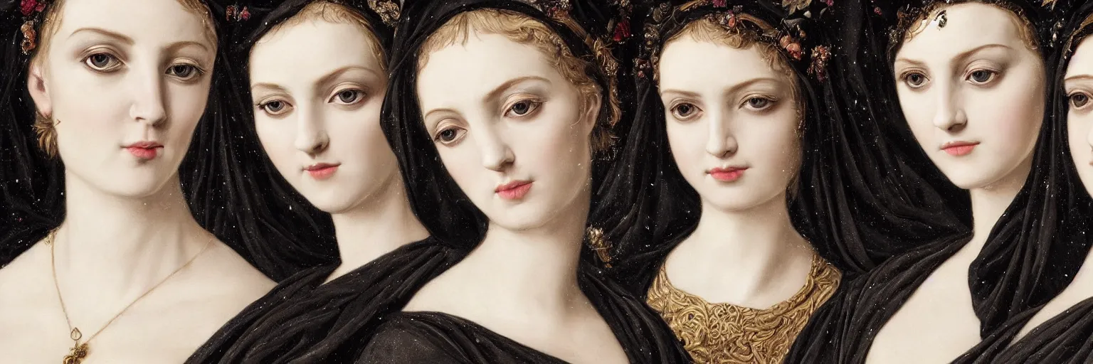 Prompt: hyperrealism close - up mythological portrait of three beautiful medieval women partially made of black flowers in style of classicism, pale skin, ivory make up on the eyes, wearing black silk robes, dark and dull palette