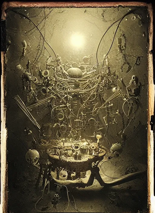 Prompt: old wetplate daguerreotype birth of a cyborg in times of eternal summoning, fractal, intricate, elegant, highly detailed, parallax, leica, medium format, subsurface scattering, by jheronimus bosch and greg rutkowski and dali and louis jacques mande daguerre