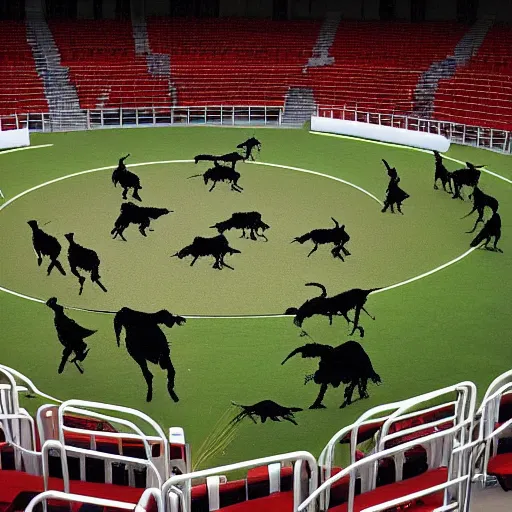 Prompt: evocative by stephanie rew. a installation art of a bullfight in spain. the installation art is set in an arena with spectators in the stands. several figures in the installation art, including a matador & a bull.