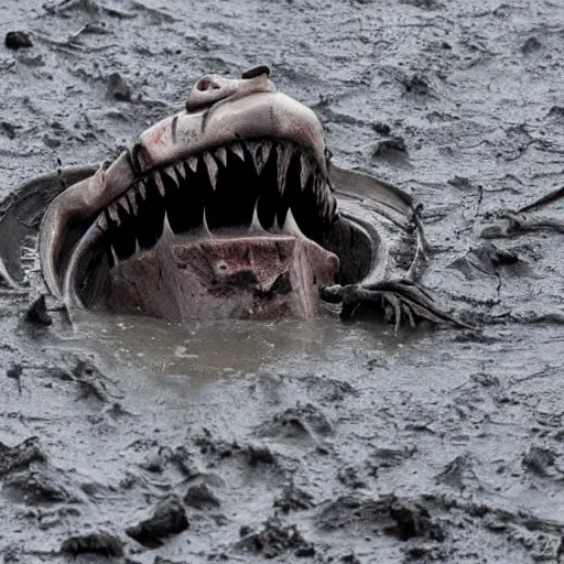 Prompt: a horrific creature, monster, mutant, slavering jaws, teeth like broken shards of bone, empty eye sockets, filthy matted fur, crawls through a muddy river