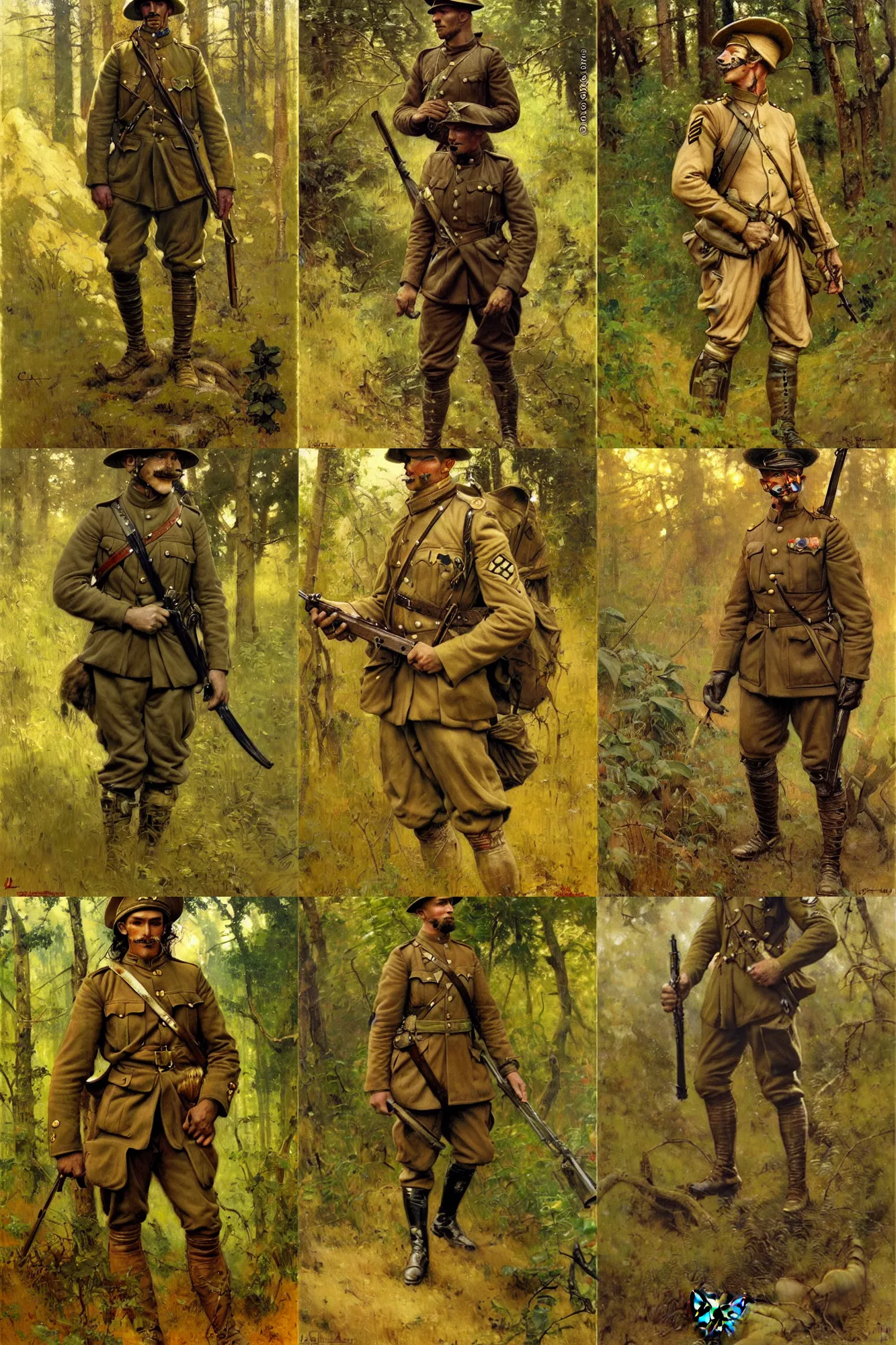 Prompt: anthro lion soldier in the forest during world war 1, character design, painting by gaston bussiere, craig mullins, j. c. leyendecker, tom of finland