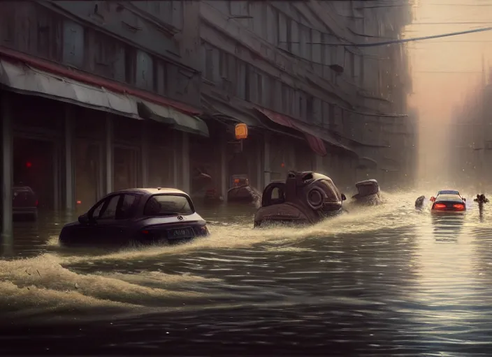 Image similar to cars driving through shallow water, flooded city, people walking through shallow water, muted colors, highly detailed, hyperrealistic, oil painting, intricate, cgsociety, artstation, 8 k, cinematic, soft lighting, by greg rutkowski, by wlop, by artgerm