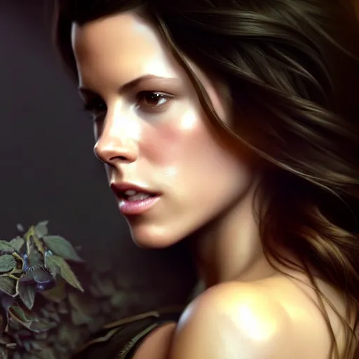 Image similar to beautiful digital painting of young kate beckinsale background with high detail, 8 k, stunning detail, photo by artgerm, greg rutkowski and alphonse mucha, unreal engine 5, 4 k uhd