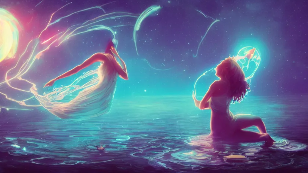 Prompt: a beautiful whimsical goddess floating above a lake basking in the moonlight, casting a spell, underneath a multi-colored binary blackhole with an accretion disc, glowing trails following her arms, acidwave, by Lois van Baarle, by Greg Rutkowski, by artgerm, by beeple, by studio ghibli, cinematic angle, volumetric lighting, 4k resolution, octane render, trending on artstation, masterpiece