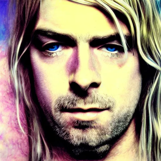 Prompt: colour masterpiece surreal closeup portrait photography of kurt cobain by miho hirano and annie leibovitz and michael cheval, pop art background, 8 k