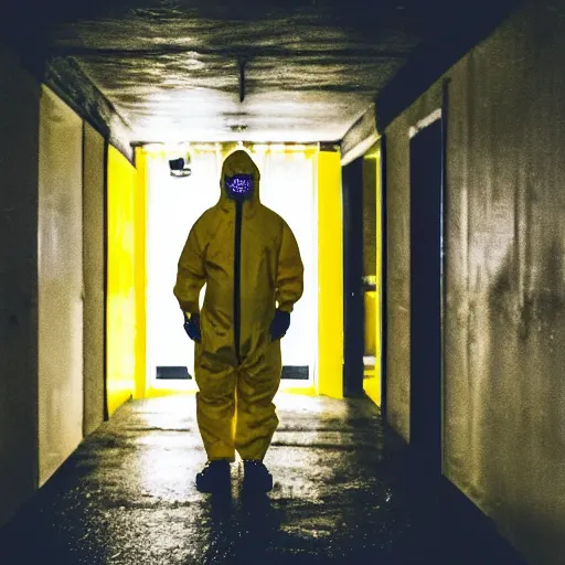 Image similar to a man wearing a yellow hazmat suit inside the very dark lighting empty unsettling creepy backrooms, liminal space, eerie mood, horror movie scene