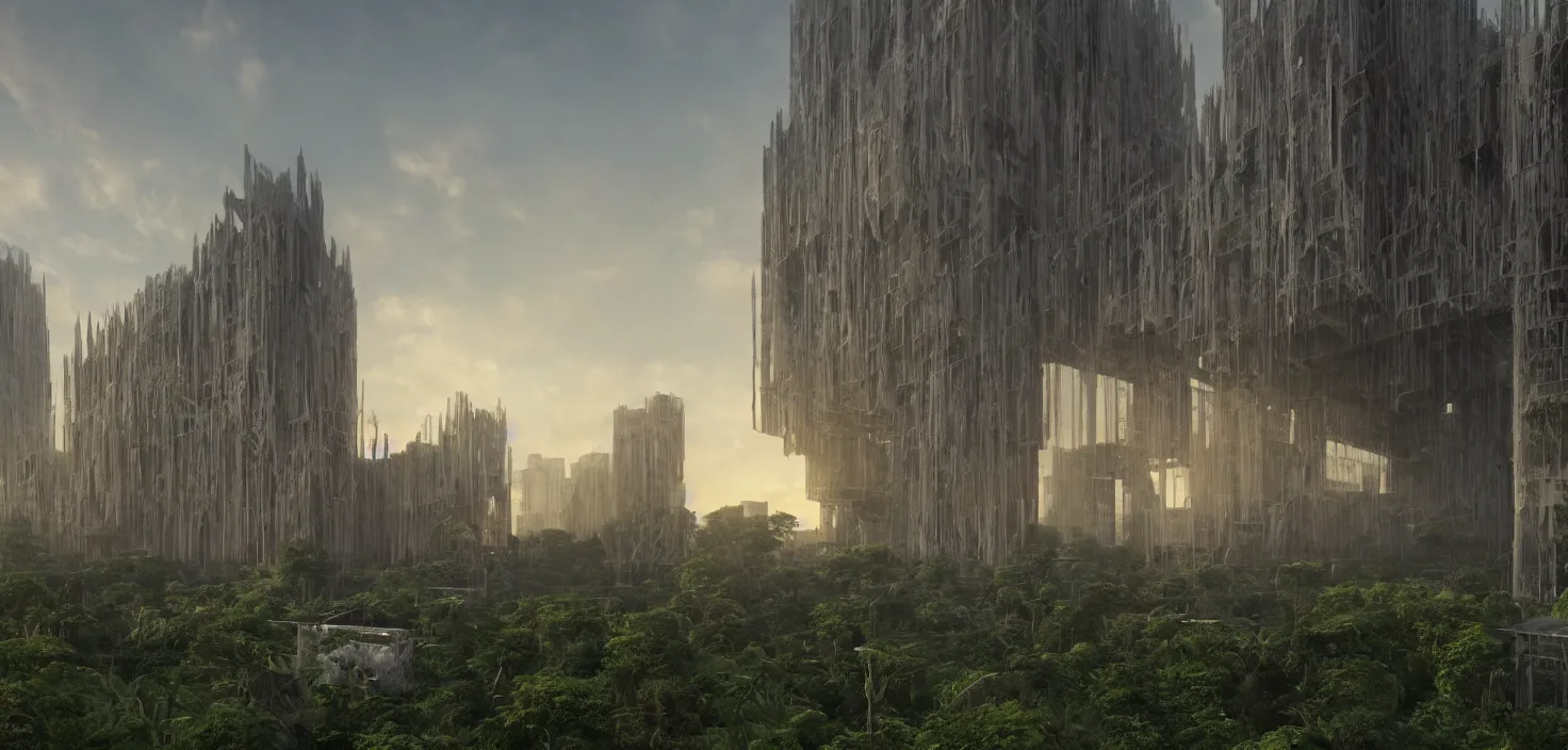 Image similar to an extremely detailed cathedral of brutalist architecture, surrounded by lush green vegetation, stunning volumetric lighting, sunset, metal, concrete, translucent material, stunning skies, 8k, photorealistic, hyper detailed, unreal engine 5, IMAX quality, cinematic, epic lighting, digital painting in the style of DOOM and Quake, by Greg Rutkowski, trending on Artstation