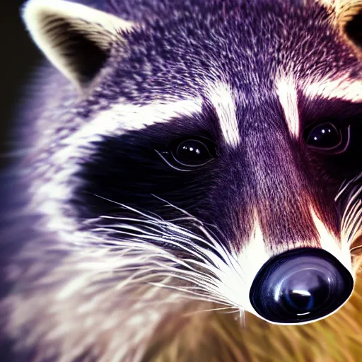 Image similar to a hyperrealistic octane render of a raccoon with a dslr camera for an eye, photorealism, unreal engine, dramatic lighting, volumetric lighting, uplighting