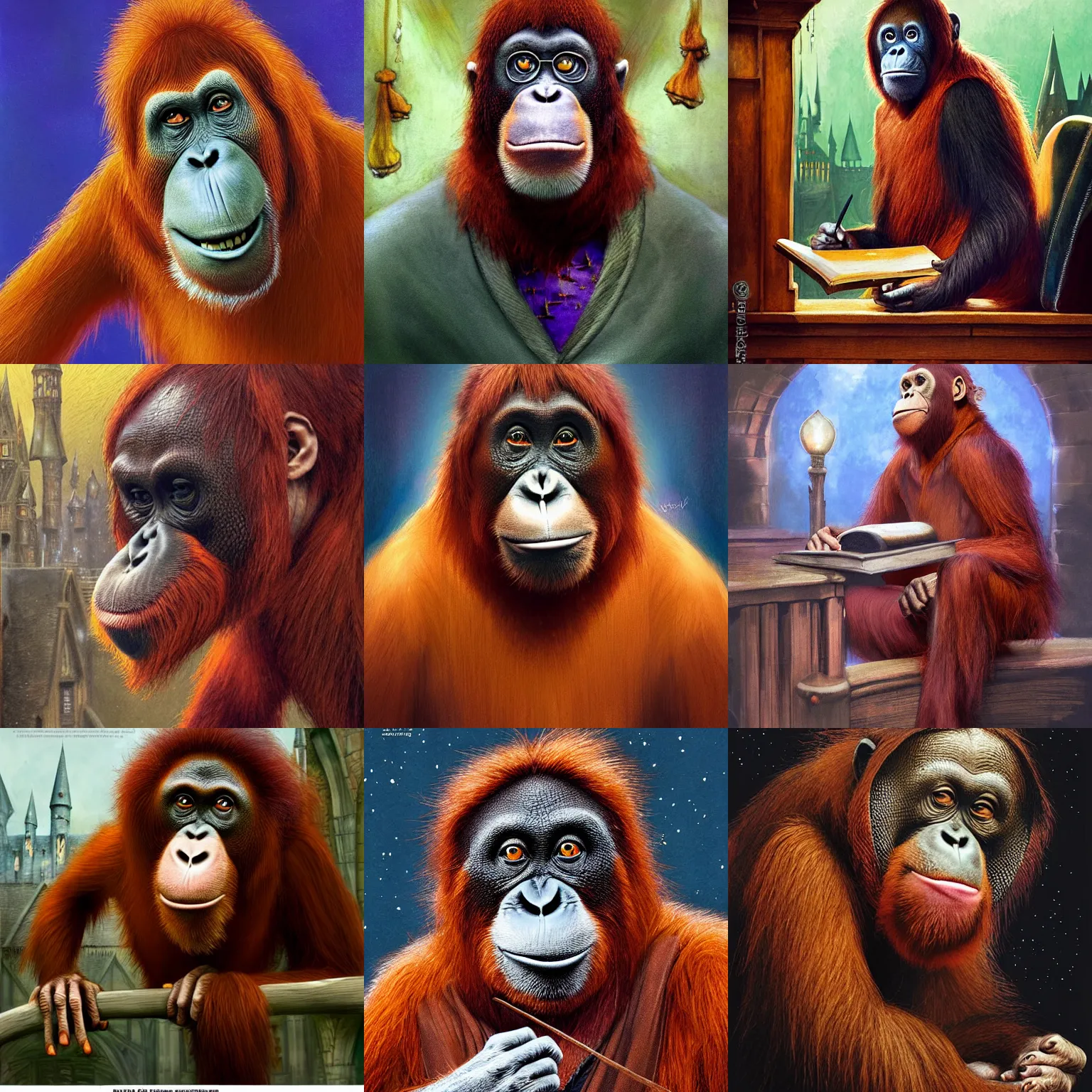 Prompt: Orangutan as a professor in Hogwarts, School of Witchcraft and Wizardry, detailed, hyperrealistic, colorful, cinematic lighting, digital art by Paul Kidby, Jonny Duddle and Jim Kay
