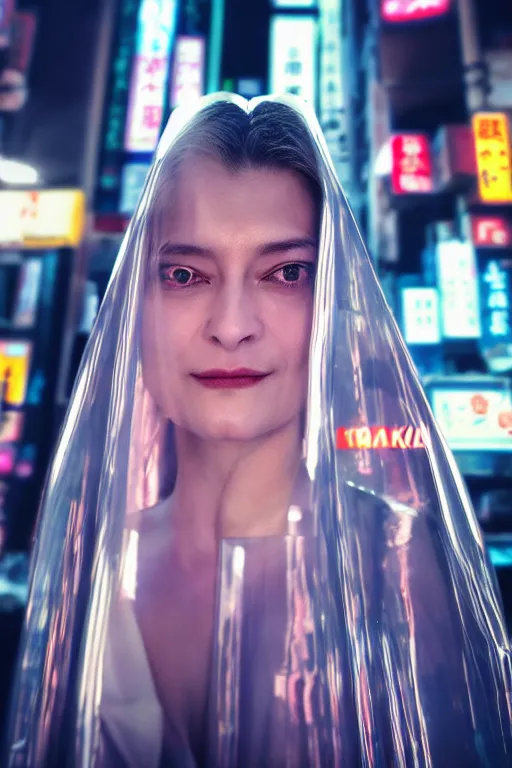 Prompt: Kodak Portra 400, 8K, highly detailed, wachowski 3/4 extreme closeup portrait, clear eyes, focus on clear transparent raincoat replicant Zhora model, tilt shift zaha hadid style background: famous blade runner remake, tokyo izakaya scene