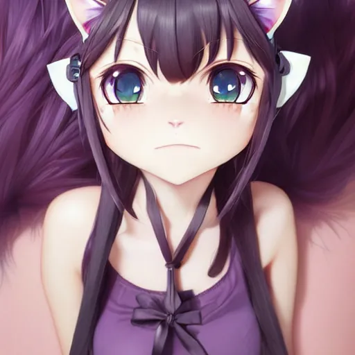 Image similar to nekopara fantastically detailed eyes cute girl portrait with fantastically detailed cat ears!!!!!!!!!!!! dressed like a cat modern anime style, made by Laica chrose, Mina Petrovic, Ross Tran, WLOP, Ruan Jia and Artgerm, Range Murata and William-Adolphe Bouguereau, Cell shading modern anime trending professional digital art unreal Engine Fantasy Illustration. award winning, Artstation, intricate details, realistic, Hyperdetailed, 8k resolution