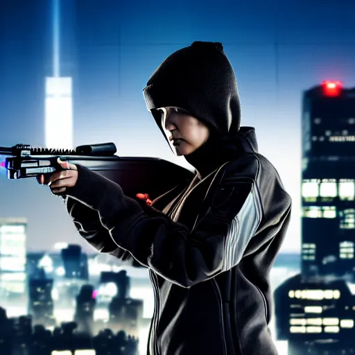 Image similar to digital art of a techwear woman holding a shotgun, holding shotgun down, closeup, on the rooftop of a futuristic city at night, sigma 85mm f/1.4, 4k, depth of field, high resolution, full color, award winning photography, Kill Bill, John Wick, Die Hard, movies with guns, movie firearms, trending on art station