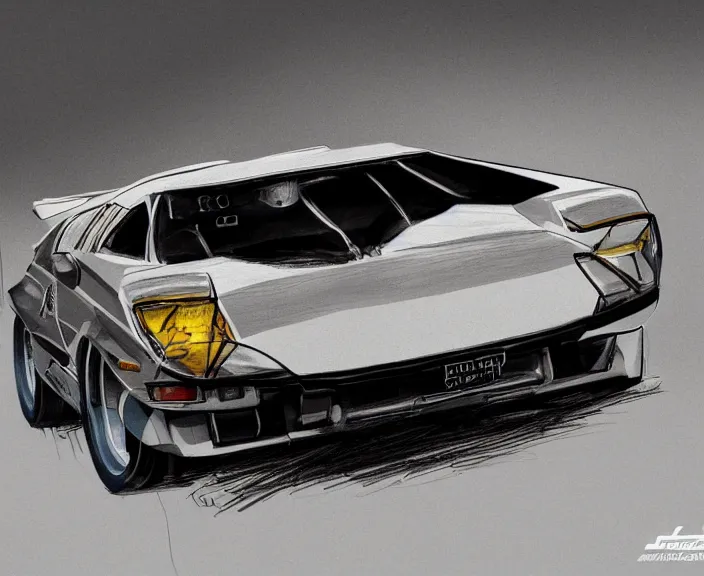 Image similar to a blending, amalgamation and detailed combination of a lamborghini countach, datsun 2 6 0 z and a jaguar e - type, concept art, very round headlights, long front end, 8 k, highly detailed, trending on art station, dramatic lighting